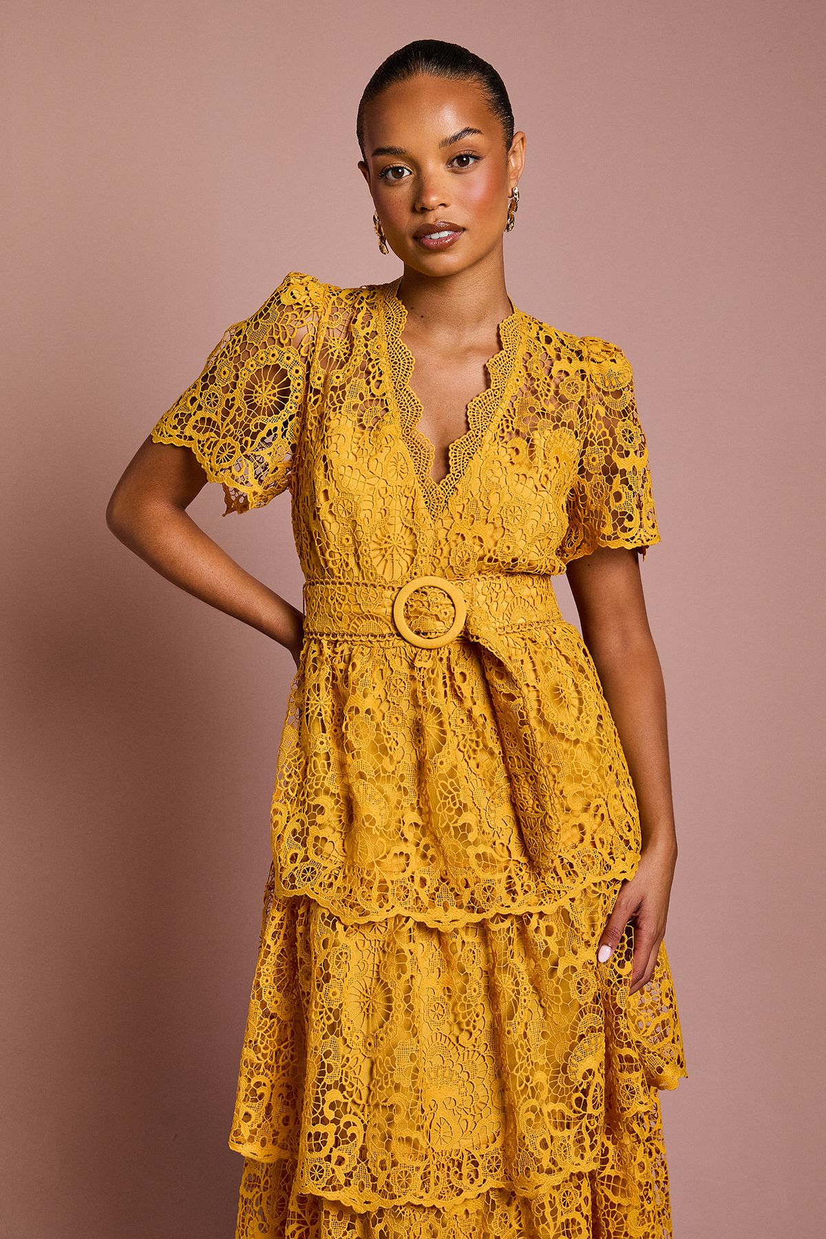 Coast Petite Short Sleeve V Neck Tiered Lace Midi Dress Gold image 2