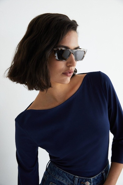 Warehouse Slash Neck 3/4 Sleeve Top Navy