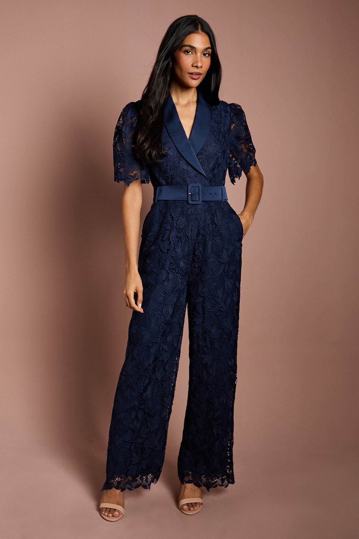 Coast Short Sleeve Lace Wide Leg Jumpsuit Navy image 1
