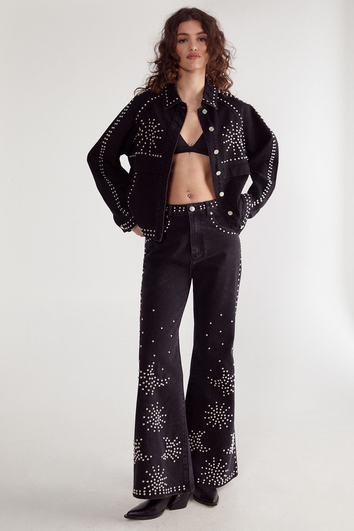 NastyGal Western Studded Denim Jacket Black image 2