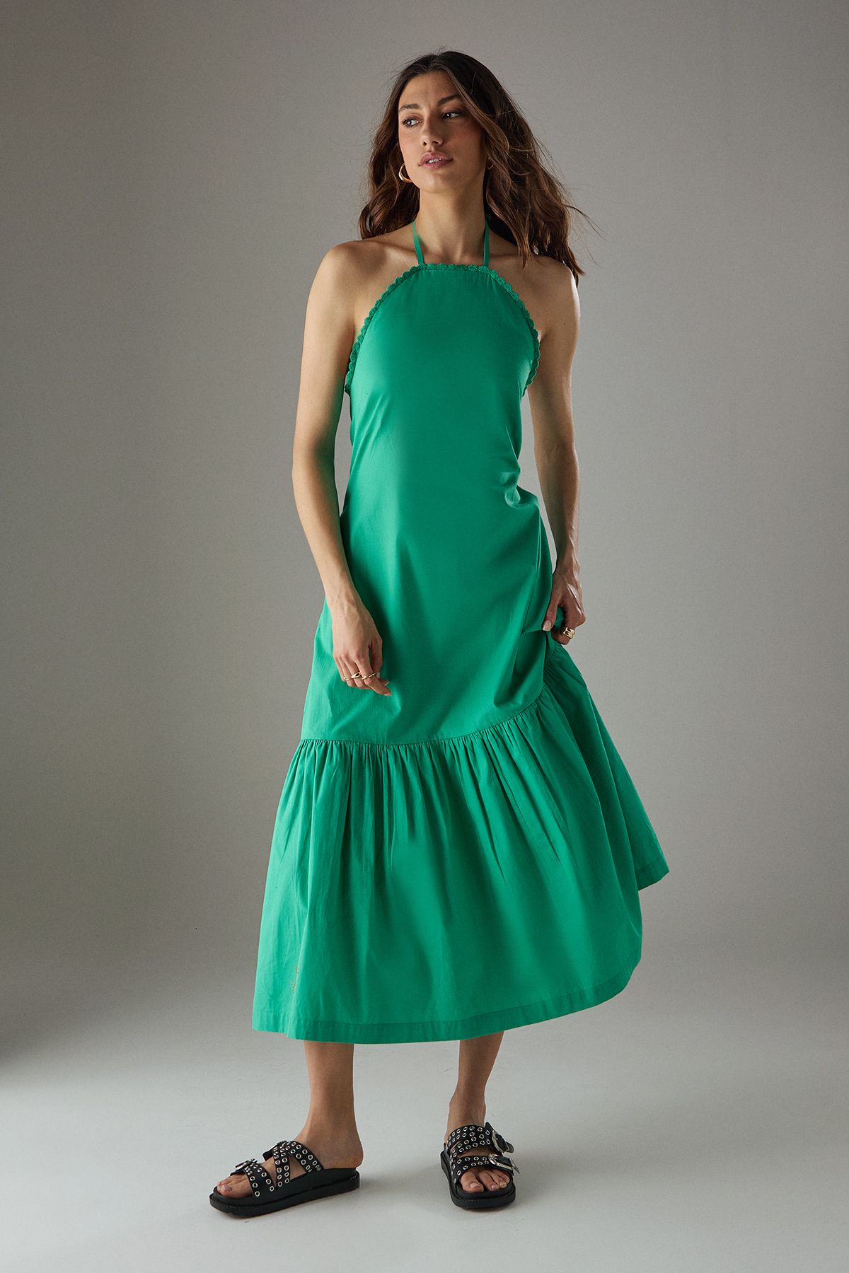 Warehouse Poplin Crochet Trim Drop Waist Midi Sundress Green image 1