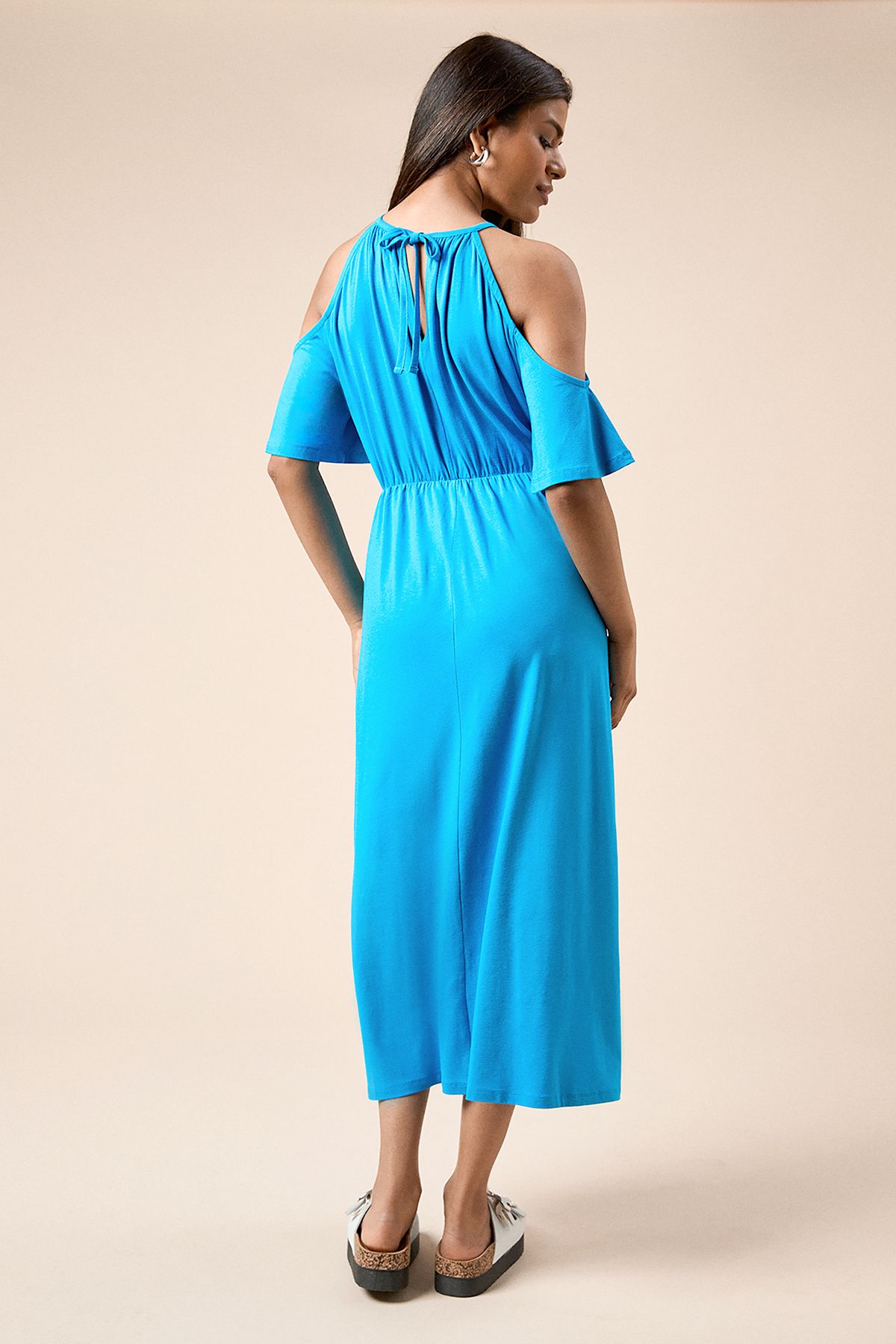 Dorothy Perkins Petite Cold Shoulder Halterneck Midi Dress Teal image 3