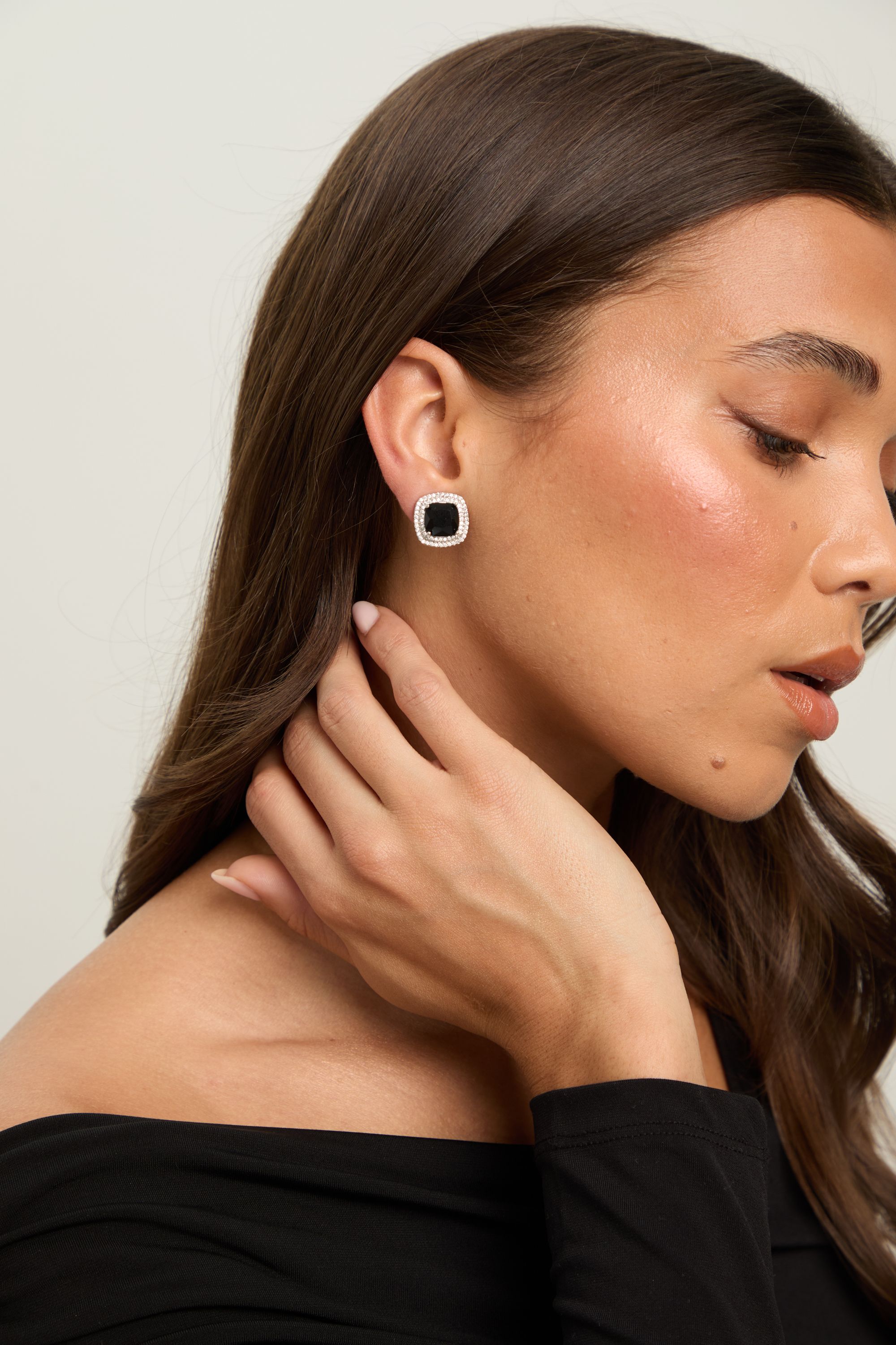 Jon Richard Rhodium Plated Large Sqaure Jet Halo Stud Earrings image 3