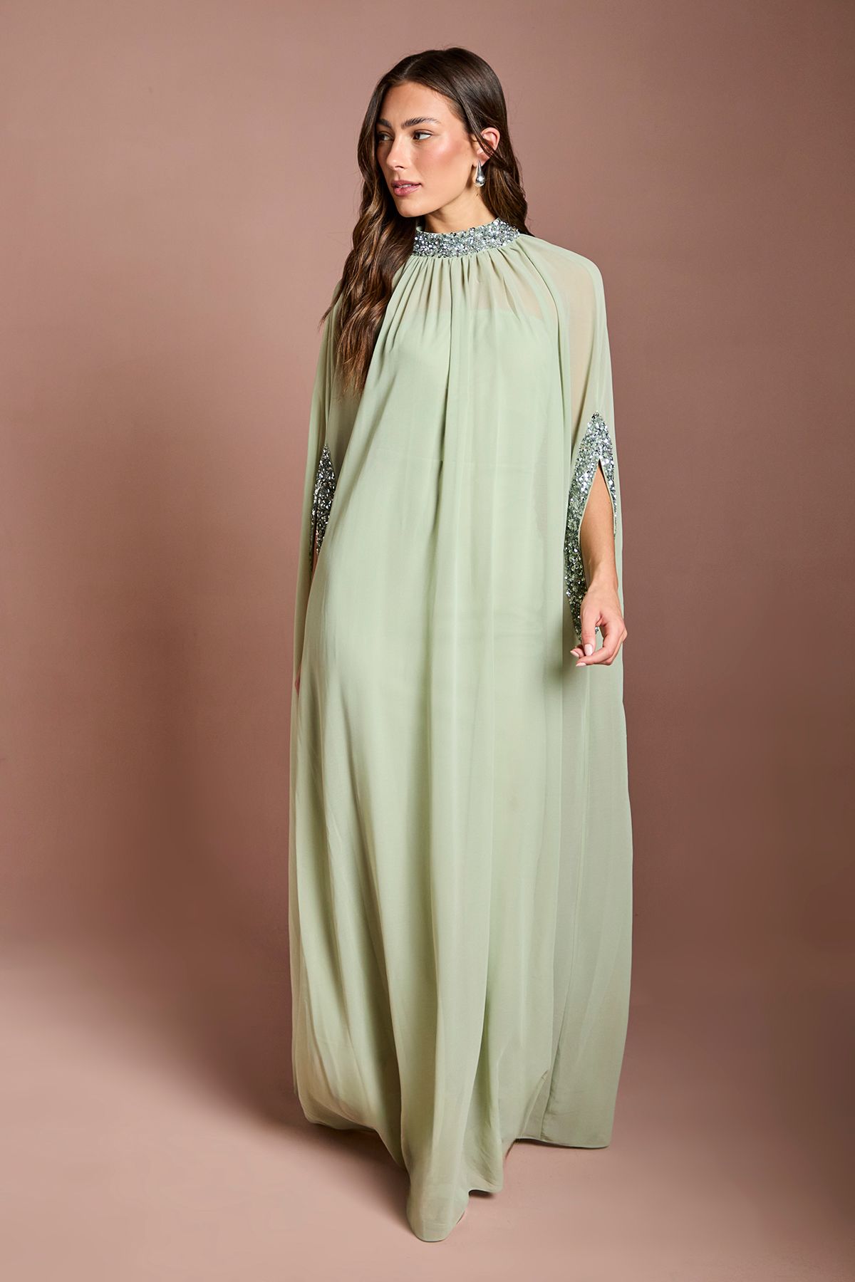 Coast Chiffon Cape Style Sequin Maxi Dress Sage image 1