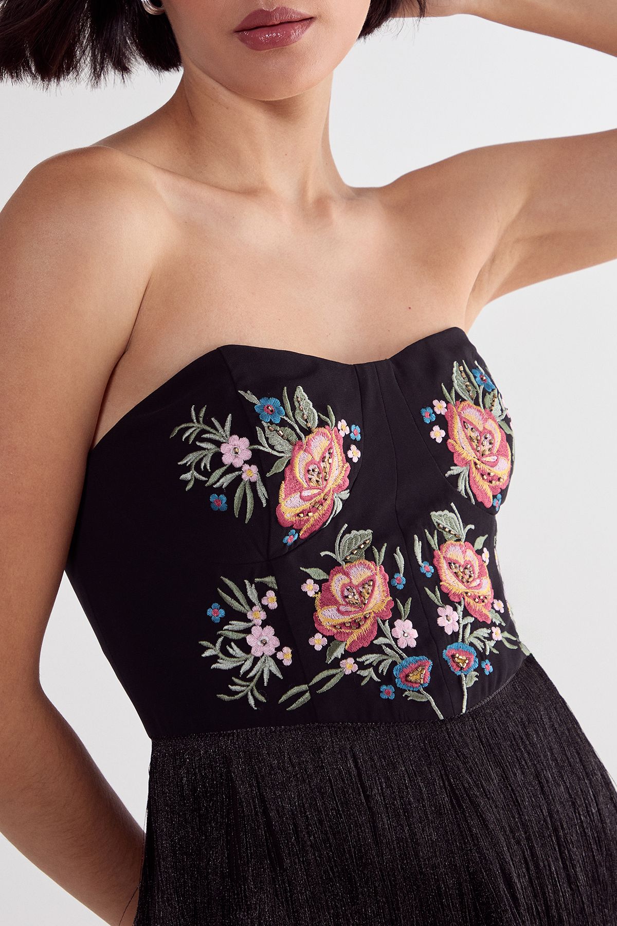 NastyGal Limited Hand Embroidered Beaded Bandeau Fringe Tiered Mini Dress Black image 5