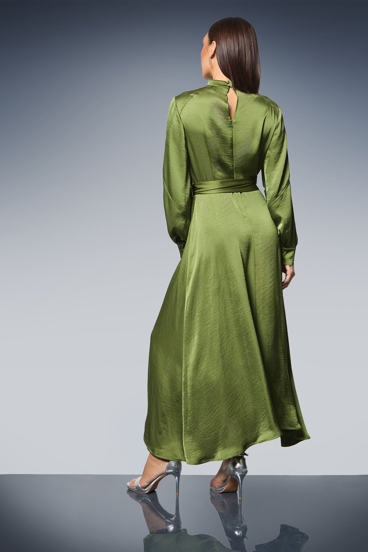 Principles Tie Waist High Neck Satin Midi Dress Olive image 3