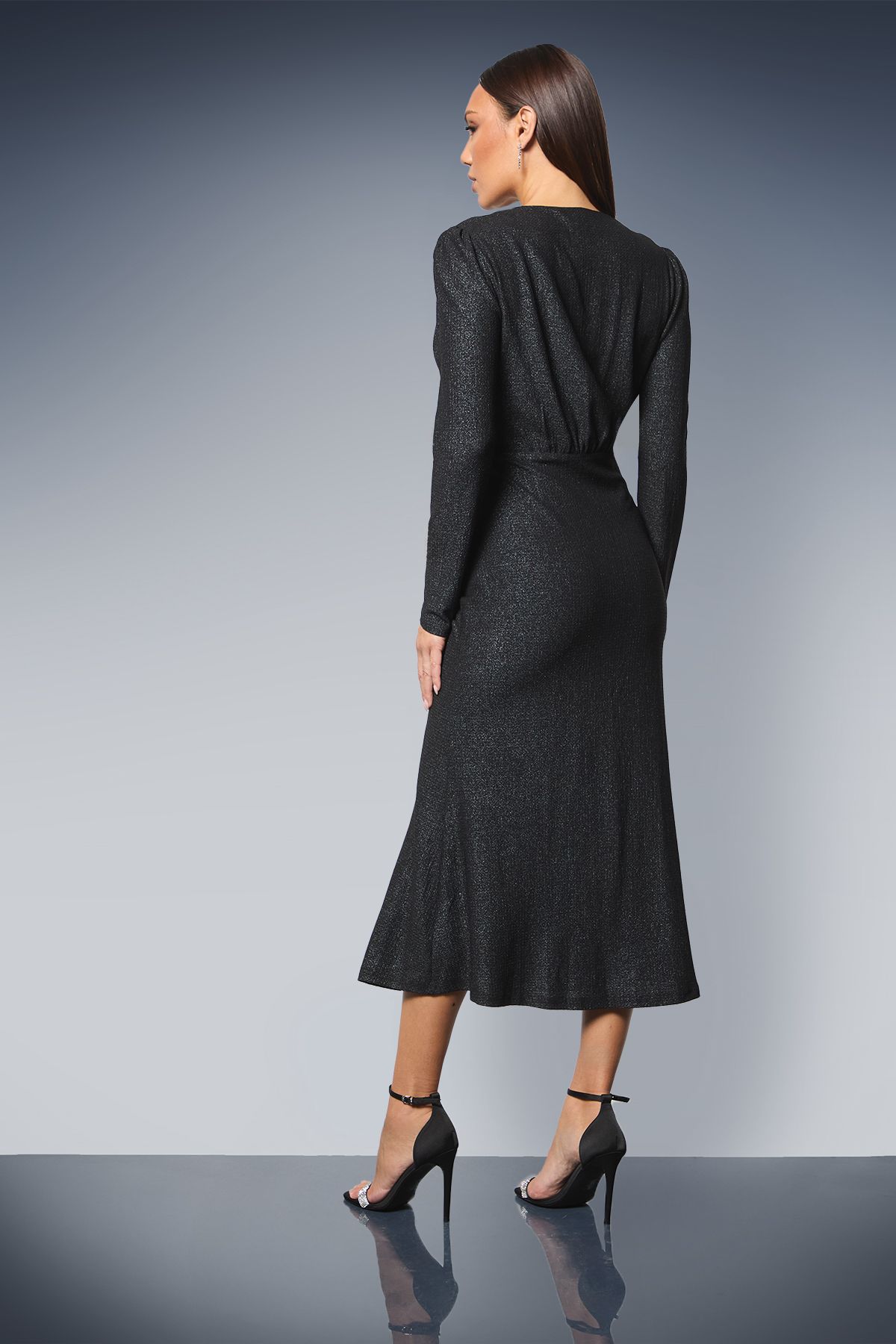 Principles Ruched Front Wrap Neck Glitter Jersey Midi Dress Black image 3