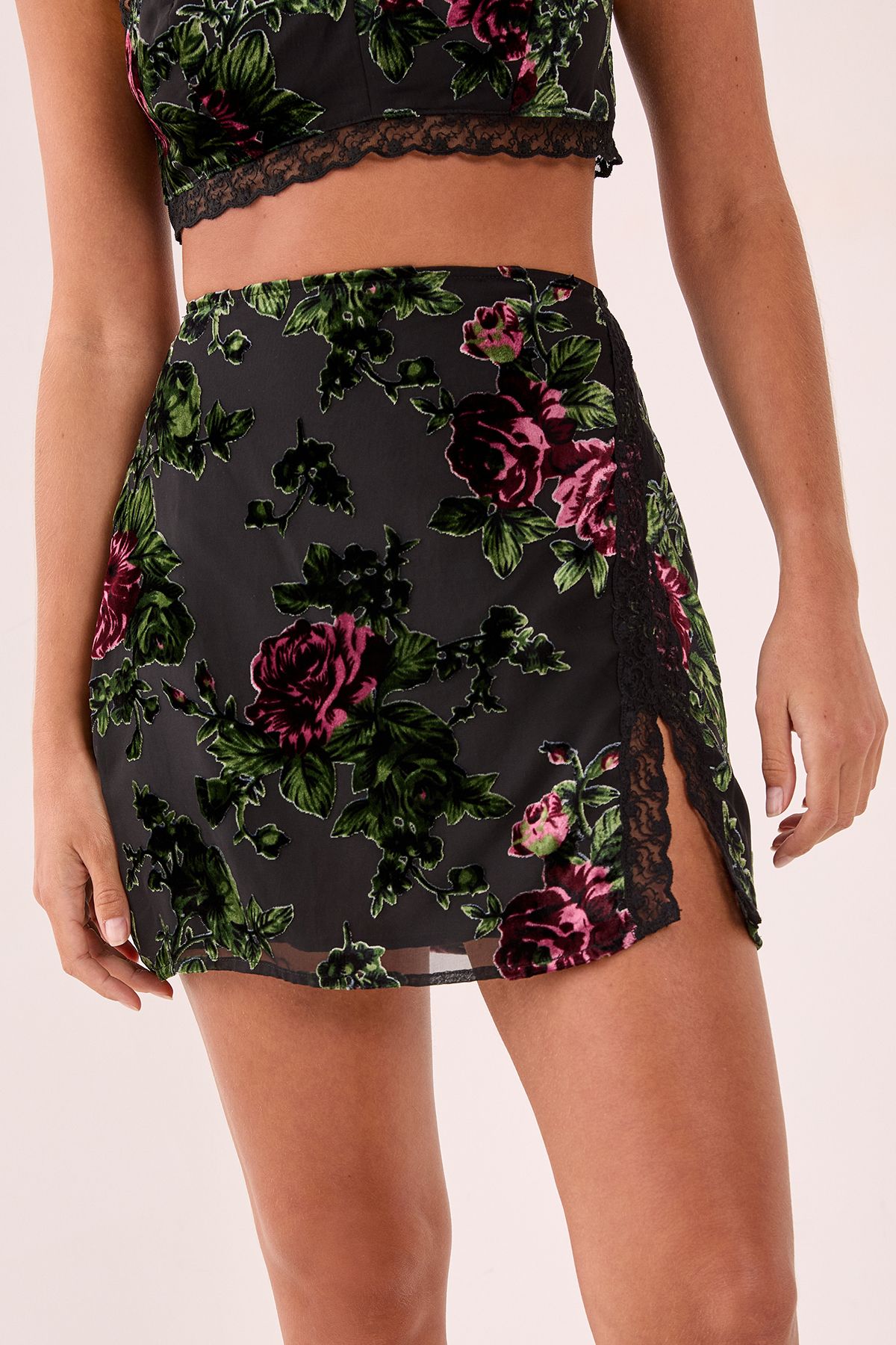 NastyGal Floral Devore Lace Trim Split Mini Skirt Green image 2