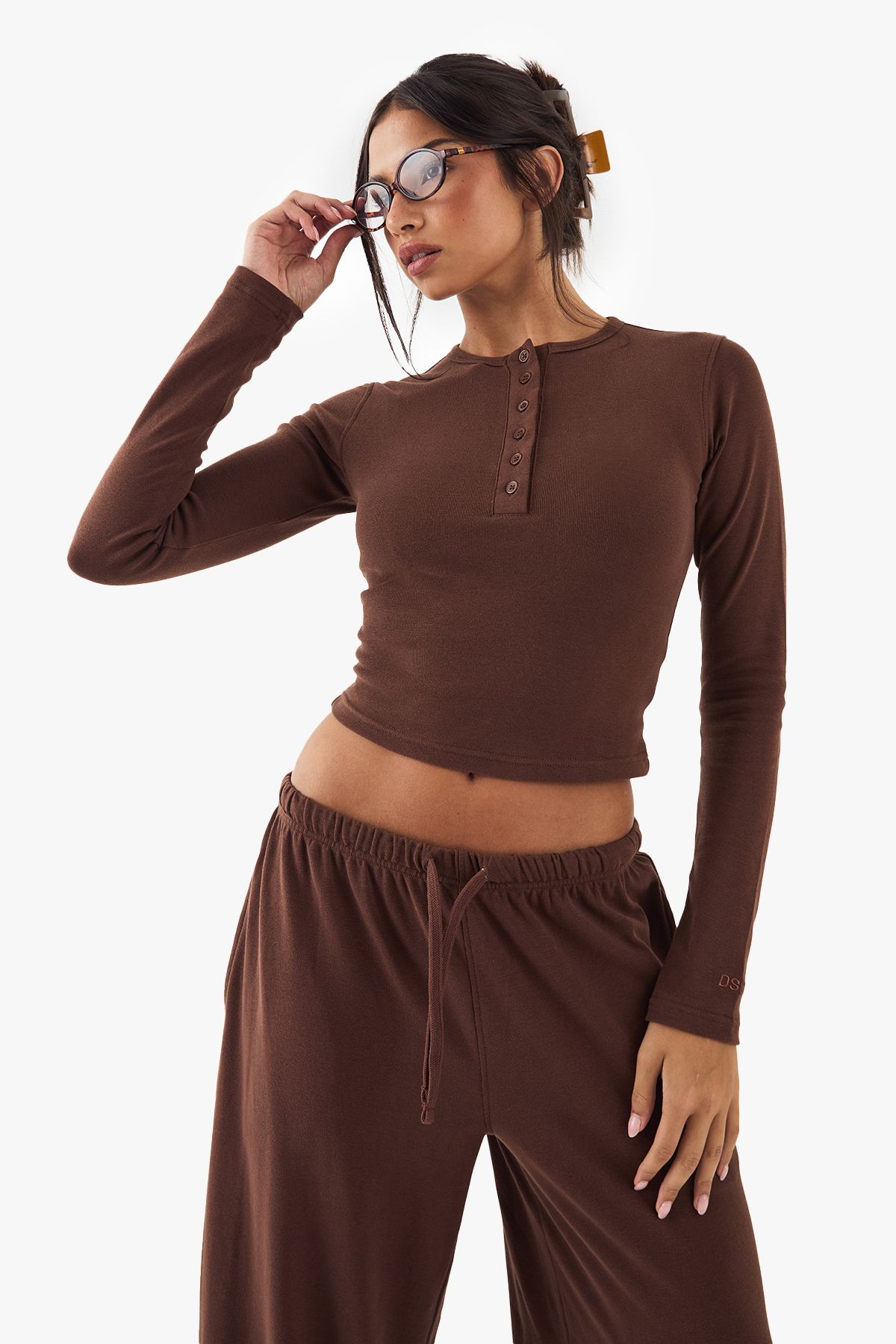 DSGN Studio DSGN Studio Button Detail Embroidered Long Sleeve Top Chocolate image 3