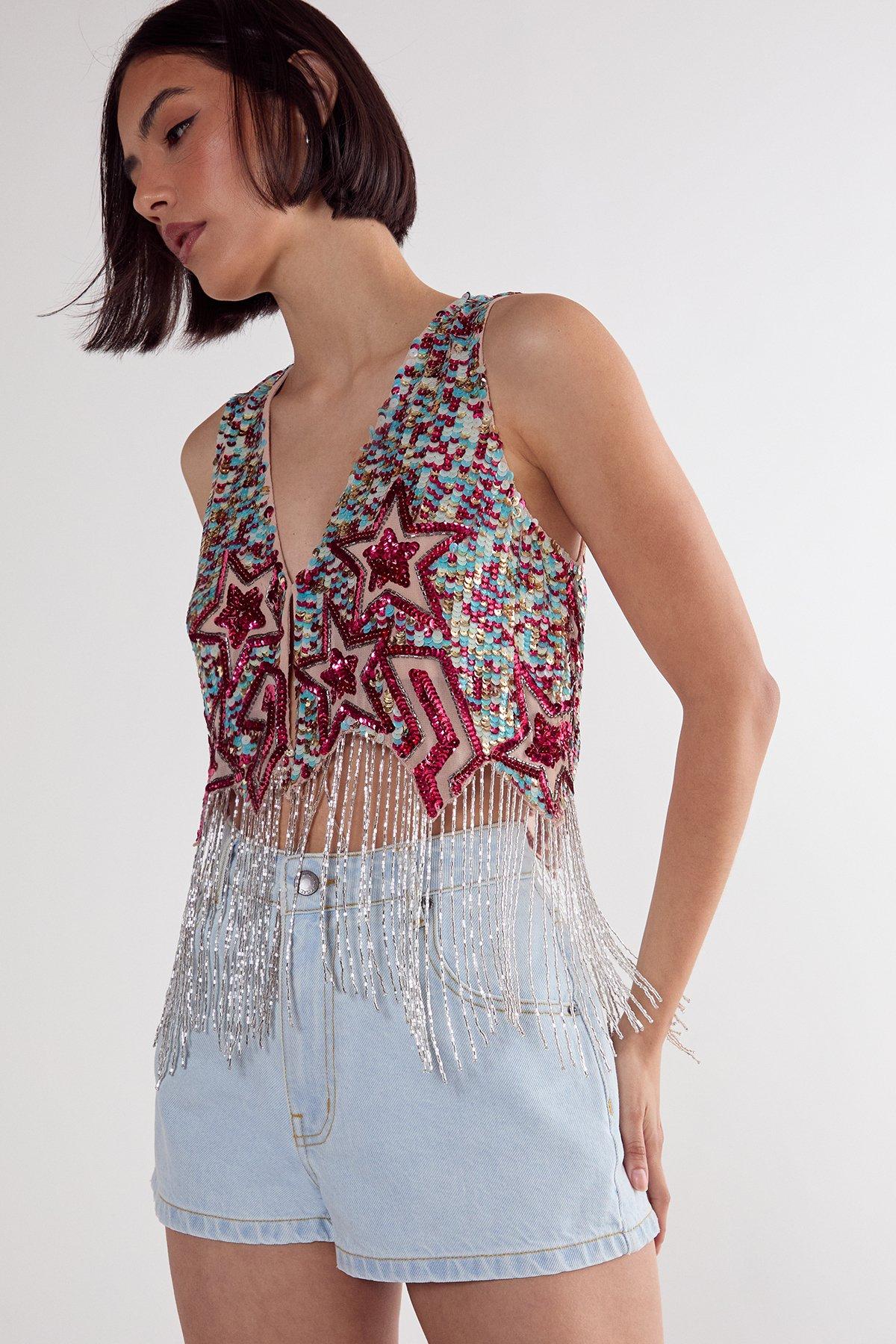 NastyGal Sequin Star Lightening Bolt Tassel Vest Turquoise image 1