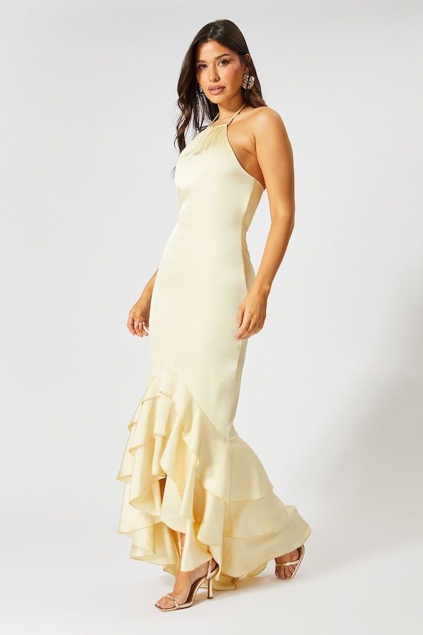 MissPap Satin Frill Hem Hater Neck Maxi Dress Yellow