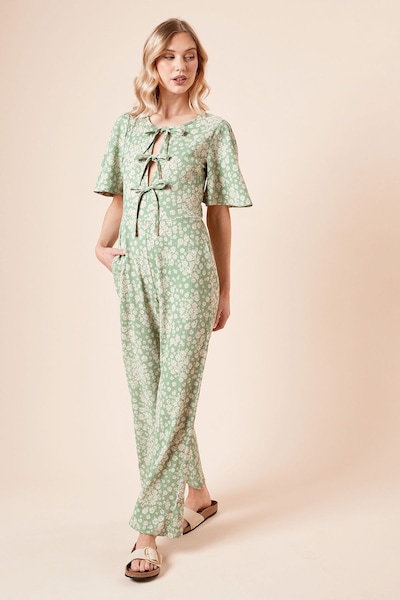 Dorothy Perkins Green Ditsy Bow Tie Front Angel Sleeve Jersey Jumpsuit Green