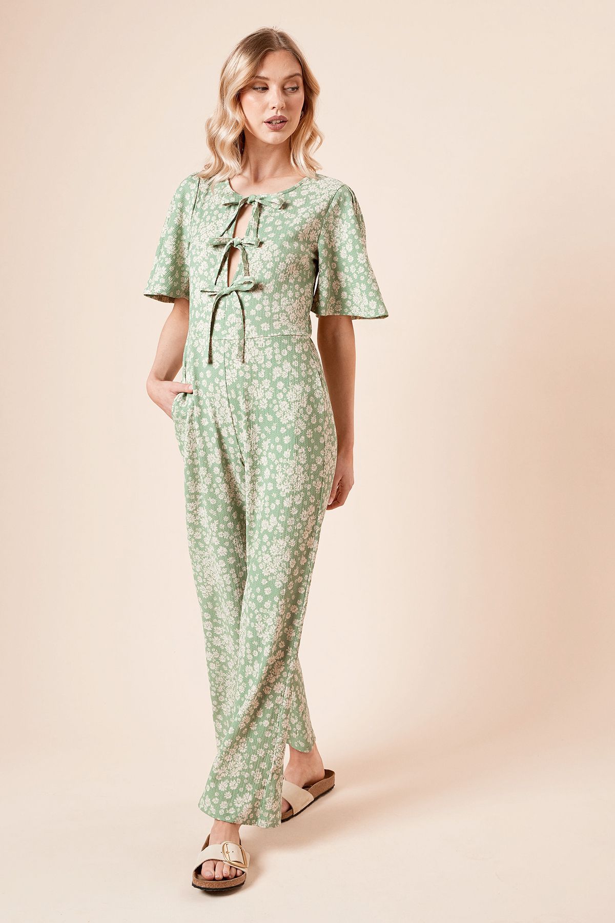 Dorothy Perkins Green Ditsy Bow Tie Front Angel Sleeve Jersey Jumpsuit Green image 1