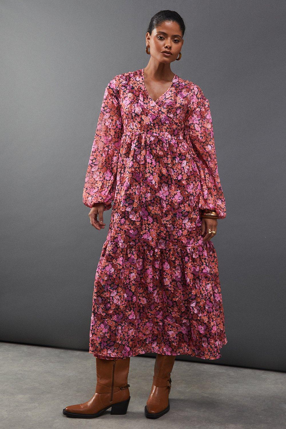 Warehouse Floral Burnout Chiffon Wrap Smock Midi Dress Pink image 1