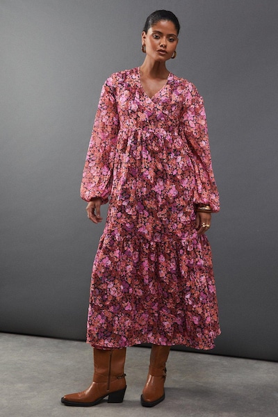 Warehouse Floral Burnout Chiffon Wrap Smock Midi Dress Pink
