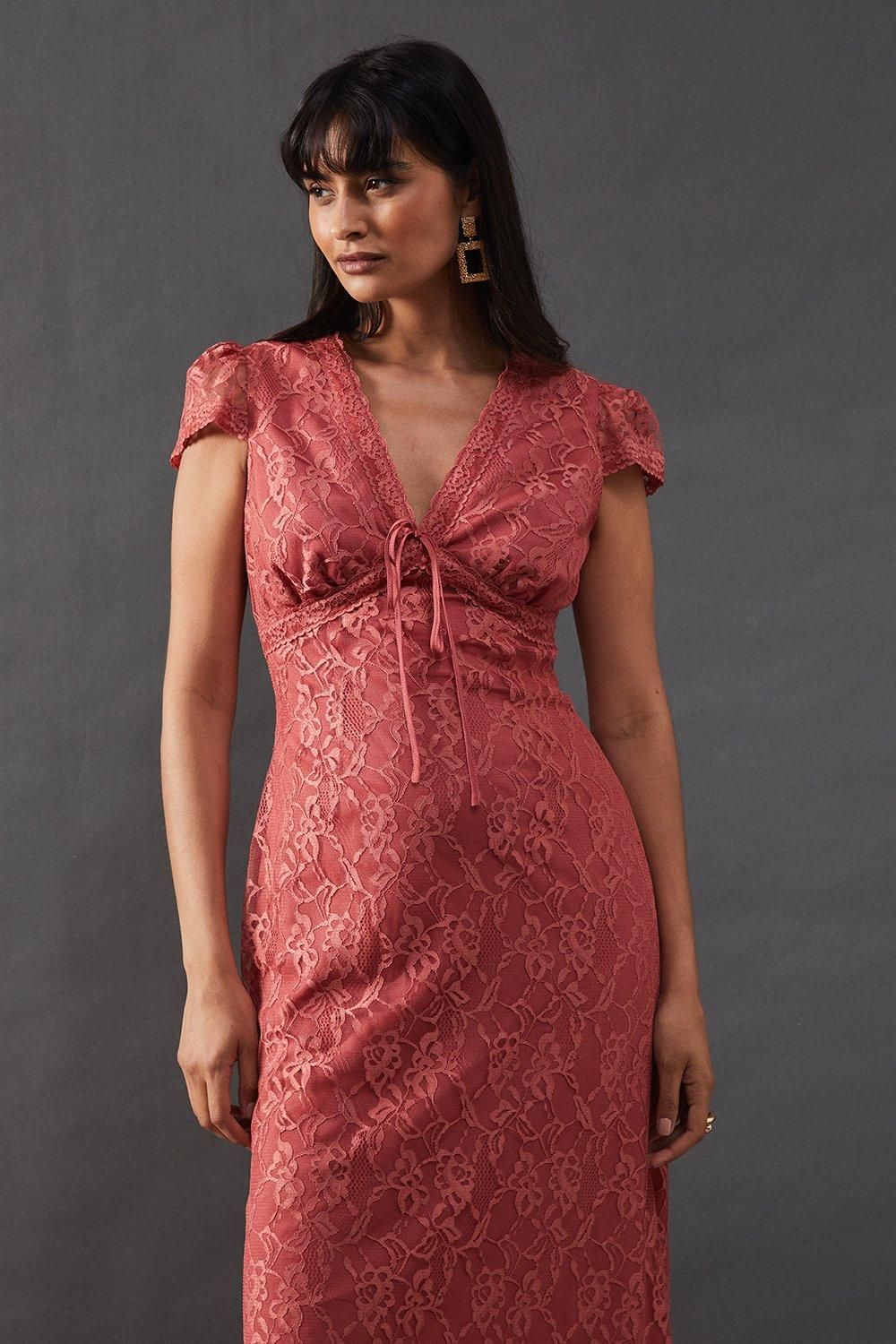Warehouse Lace Cap Sleeve Bow Front Midi Tea Dress Rose image 2