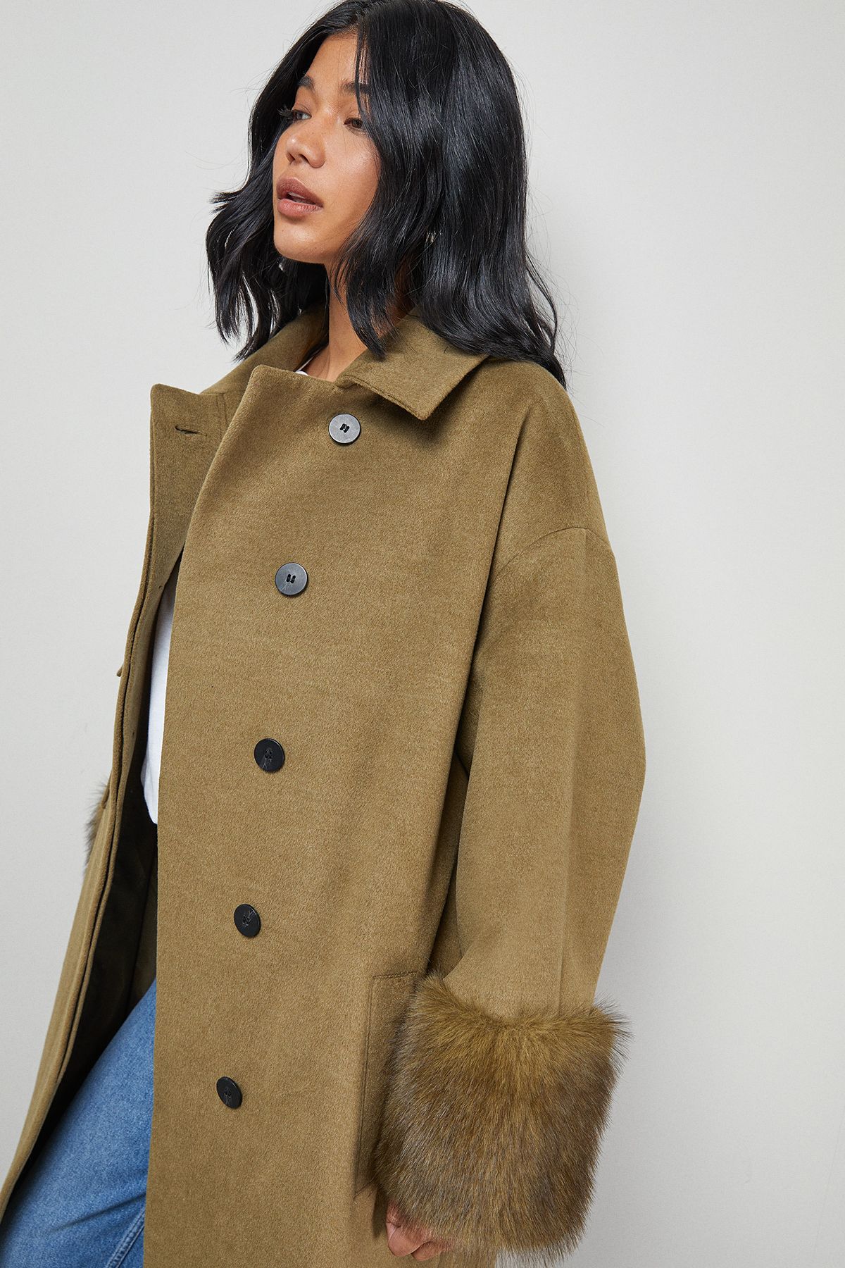 Warehouse Patch Pocket Faux Fur Cuff Maxi Coat Green image 4