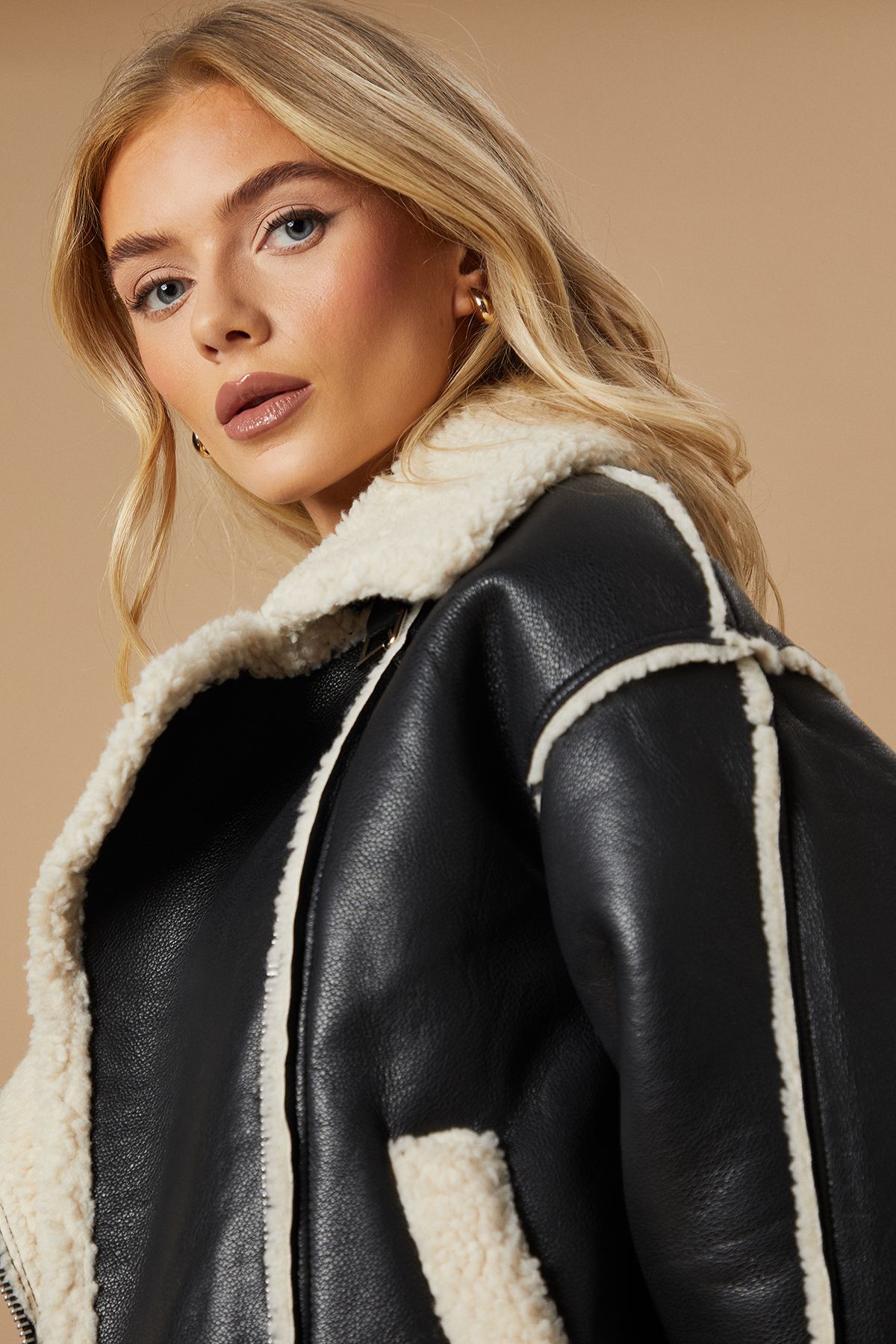 Oasis PU Borg Detail Collared Zip Jacket Black image 5