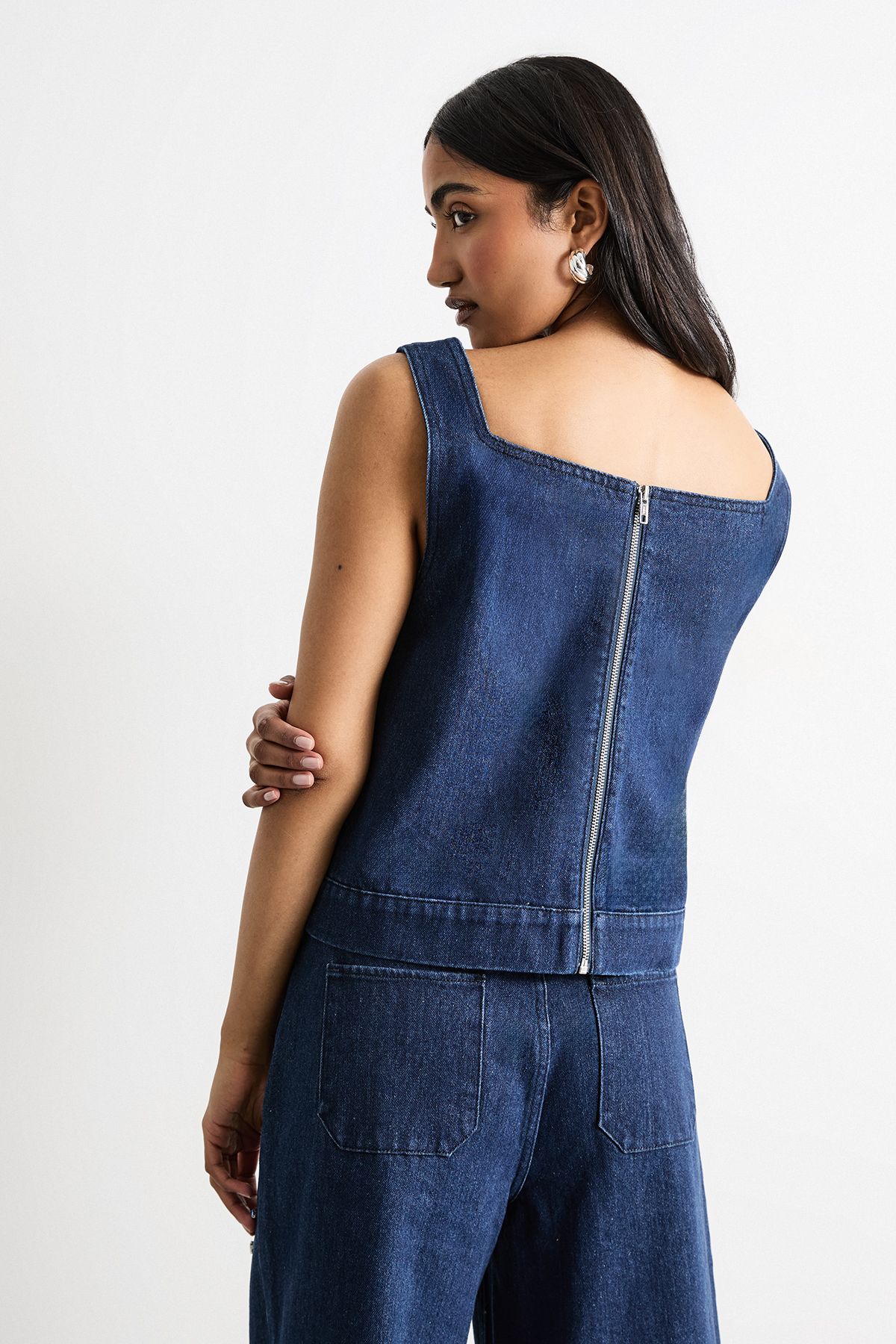 Warehouse Hotfix Embellished Denim Square Neck Top Indigo image 3