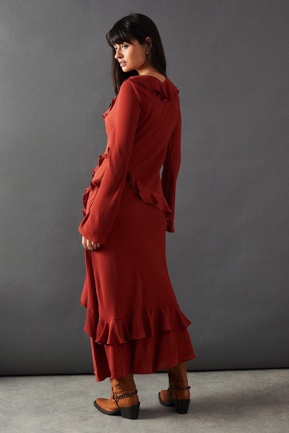 Warehouse Chiffon Ruffle Seam V Neck Midi Dress Rust image 3