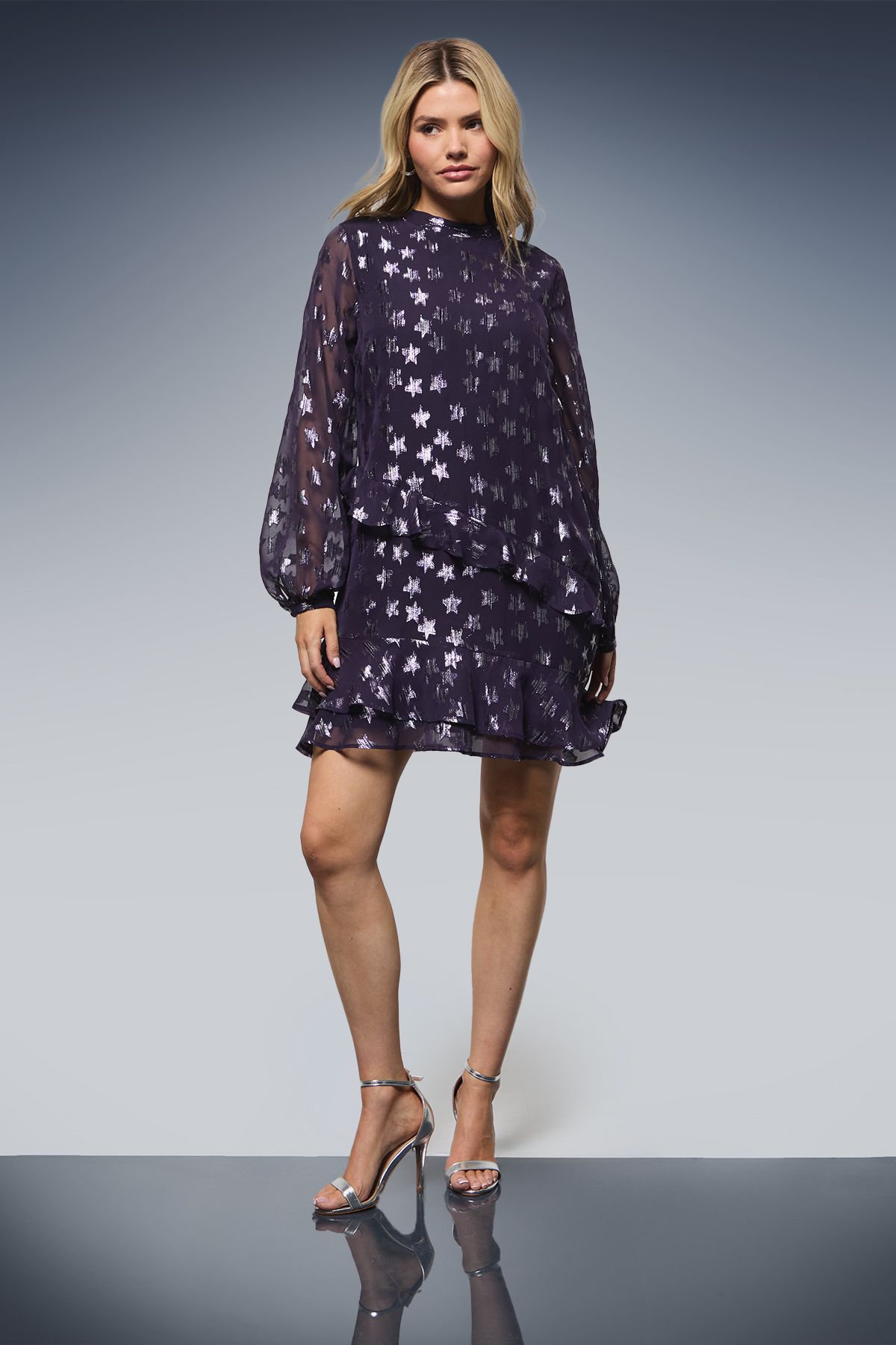 Dorothy Perkins DP Luxe Star Jacquard Ruffle Shift Mini Dress Purple