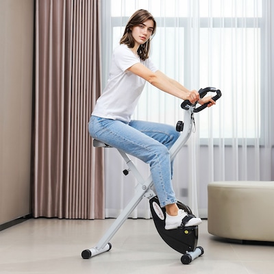 SPORTNOW Folding Exercise Bike, Quiet Stationary Bike with 8-Level Magnetic Resistance, Heart-Rate Sensor, Adjustable Seat and Wheels for Home Gym Workout