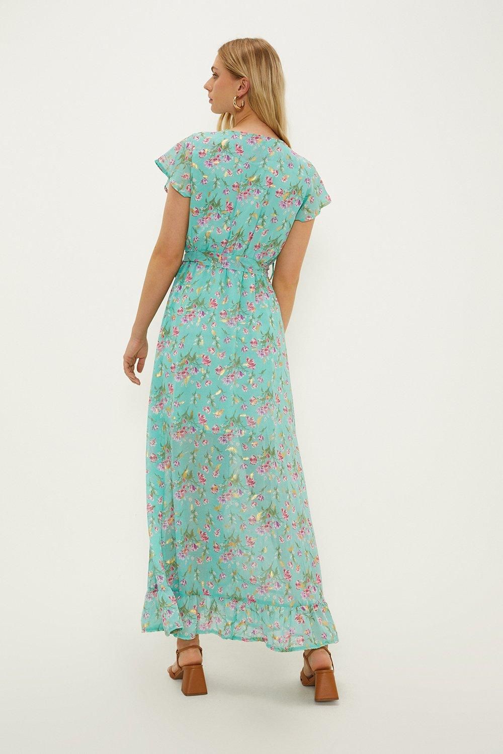 Oasis Pretty Floral Frill Detail Wrap Midi Dress Turquoise image 3
