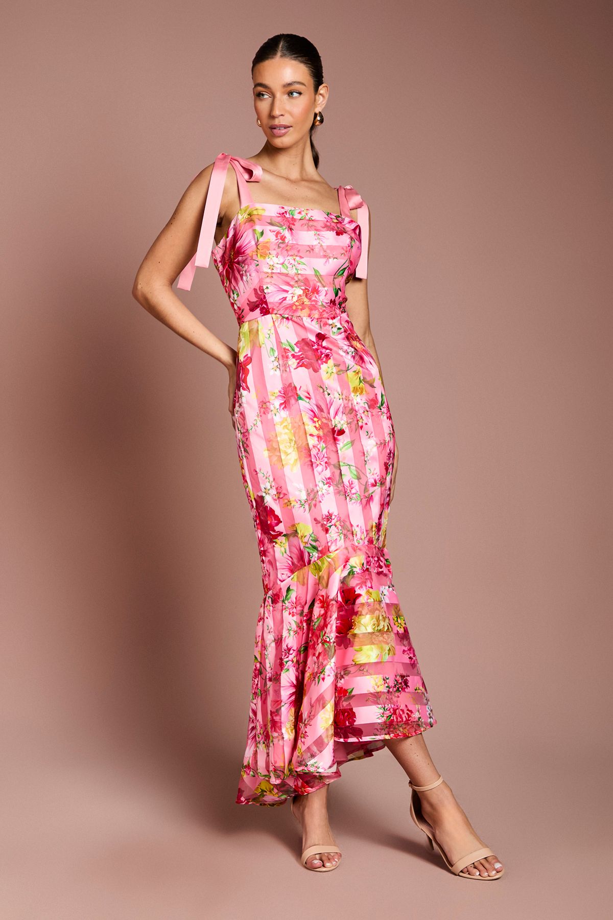 Coast Printed Organza Burnout Bow Shoulder Midi Dress Pink image 1