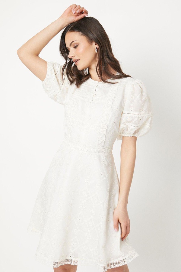 Oasis Ladder Trim Embroidered Mini Dress Ivory