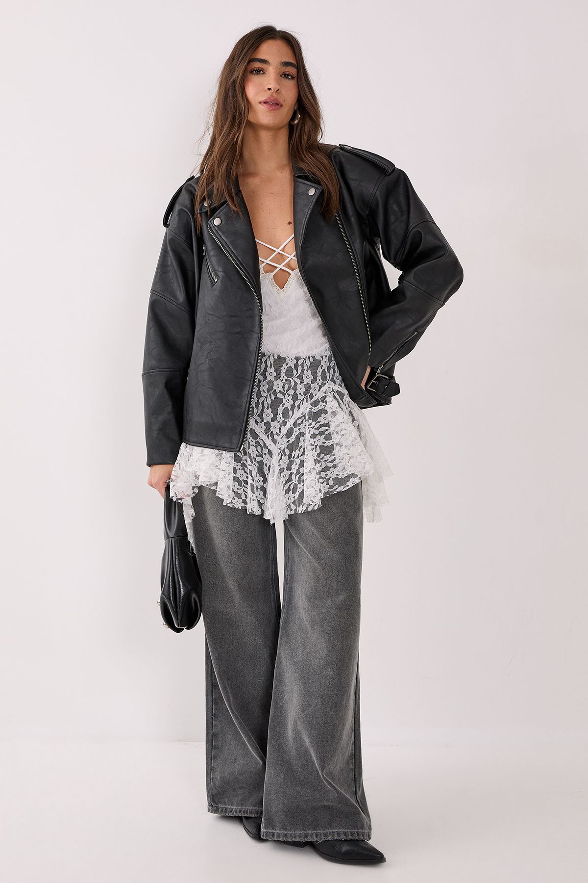 NastyGal Faux Leather Biker Jacket Black image 2