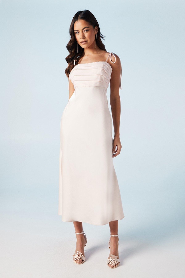 Oasis Satin Chiffon Mix Tie Shoulder Bridesmaids Midi Dress Blush