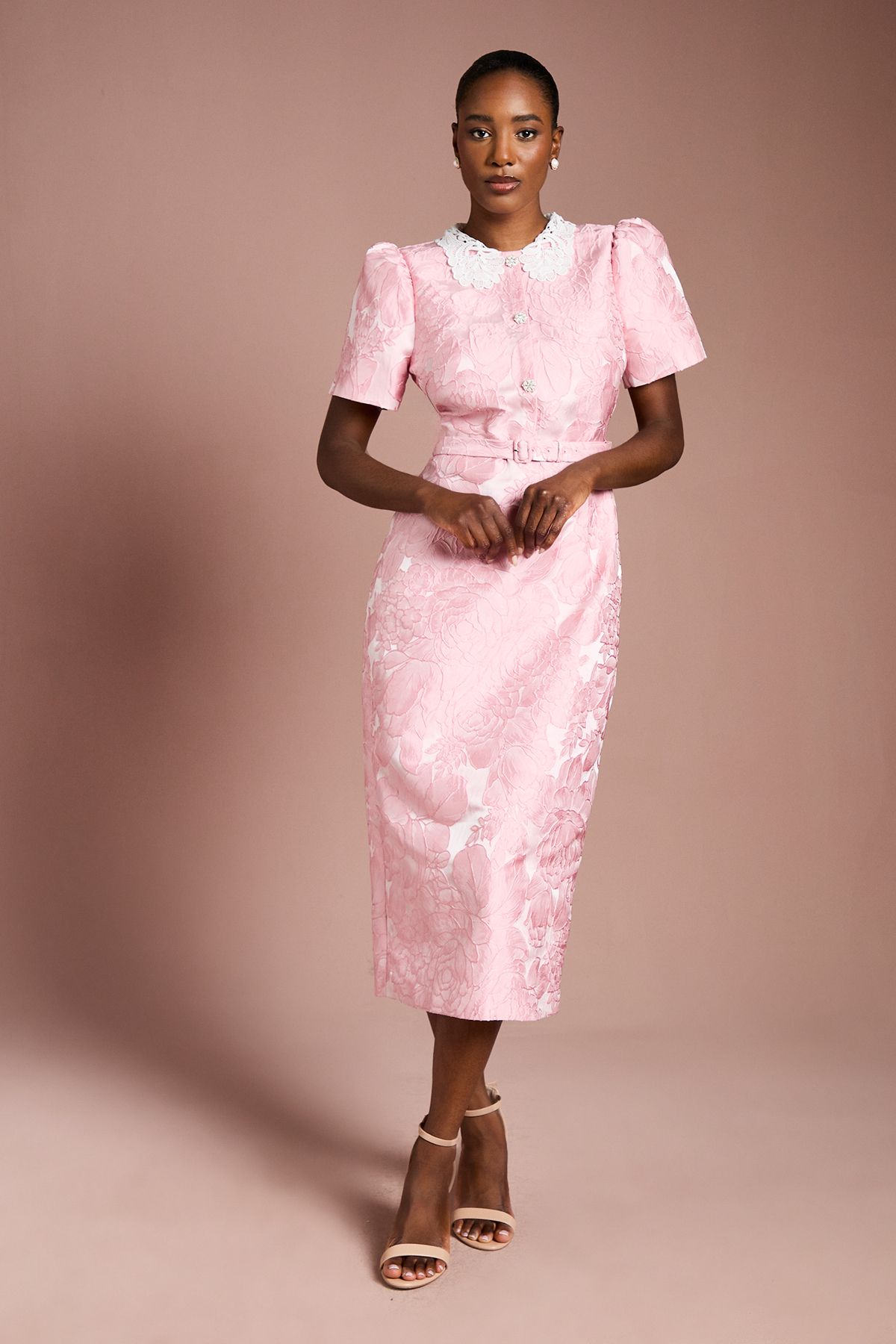 Coast Puff Sleeve Collared Jacquard Midi Dress Blush