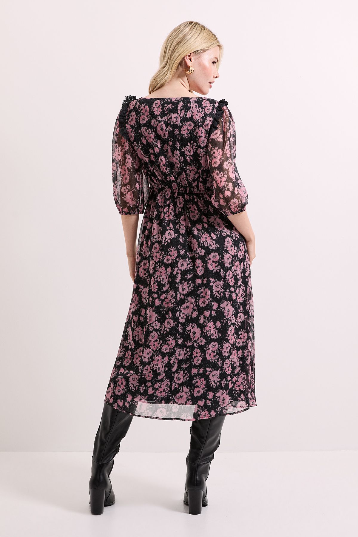 Dorothy Perkins Floral Printed Lace Trim Blouson Sleeve Midi Dress Floral image 4