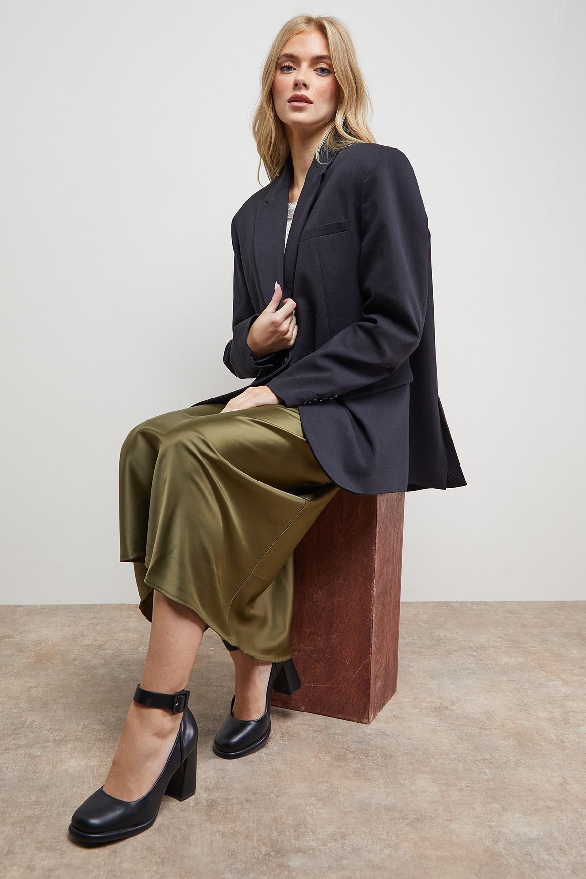 Oasis Celine Faux Leather Covered Buckle High Block Heel Platform Court Shoes Black image 1