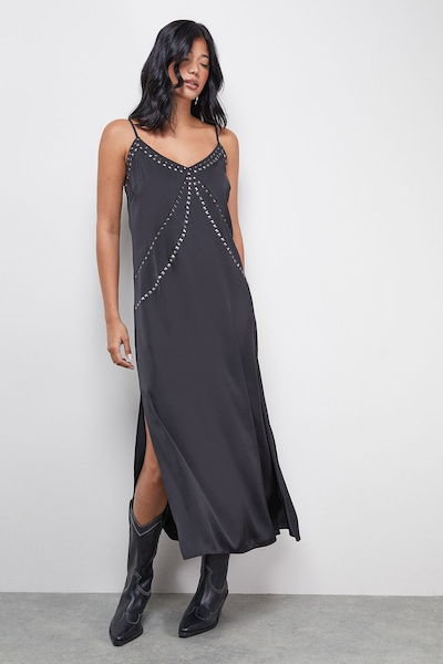 Warehouse Premium Stud Embellished Strappy Cami Slip Dress Black