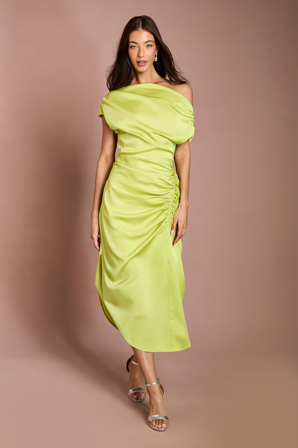 Coast Satin Ruched One Shoulder Asymmetric Hem Midi Dress Olive image 1