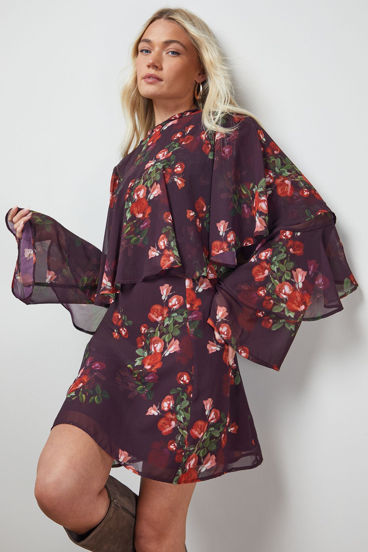 Oasis Ruffled Cape Sleeve Mini Dress Multi image 1