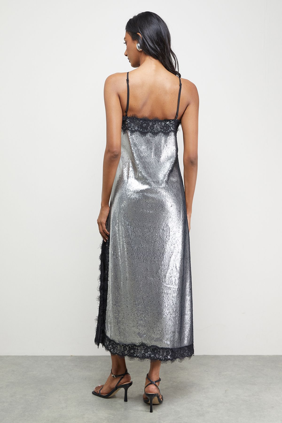 Warehouse Sequin Lace Trim Square Neck Midi Slip Dress Gun Metal image 3