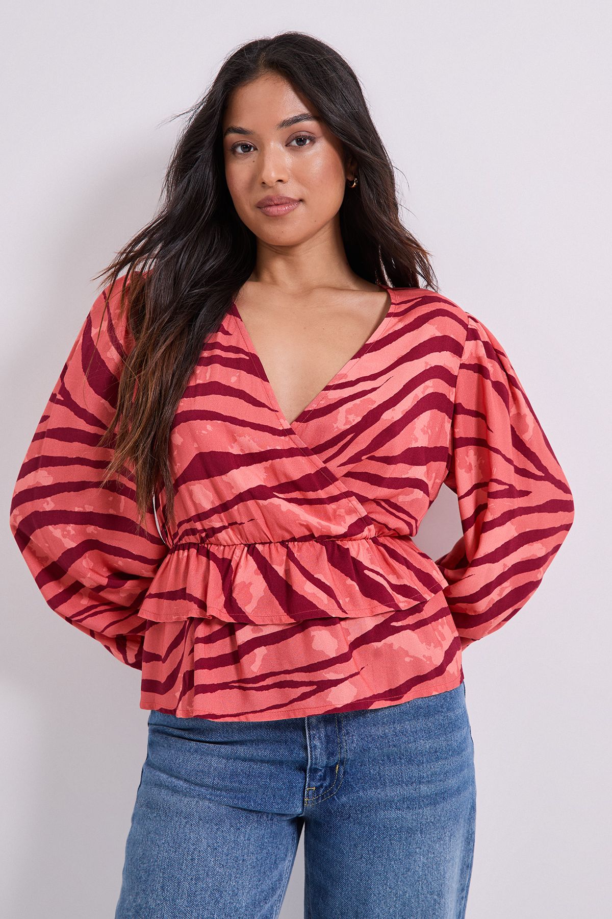 Dorothy Perkins Petite Wrap Front Frill Detail Printed Blouse Zebra image 1