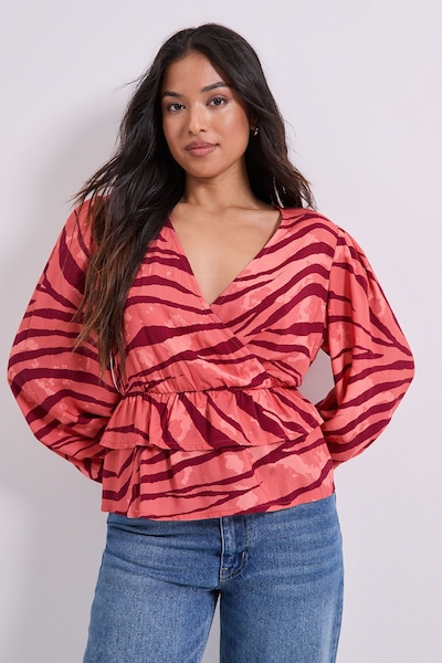 Dorothy Perkins Petite Wrap Front Frill Detail Printed Blouse Zebra