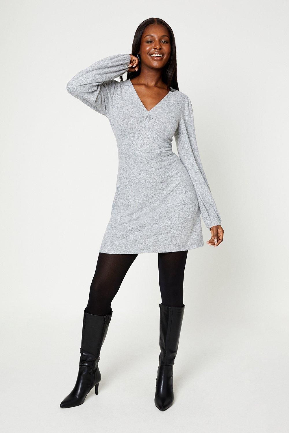 Dorothy Perkins Brushed Soft Touch Ruched Front Mini Dress Grey Marl image 1