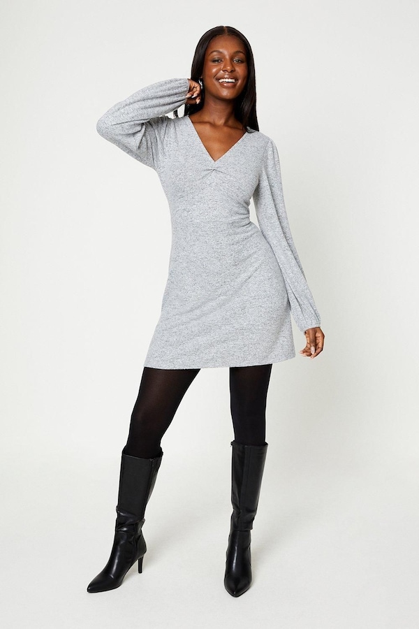 Dorothy Perkins Brushed Soft Touch Ruched Front Mini Dress Grey Marl