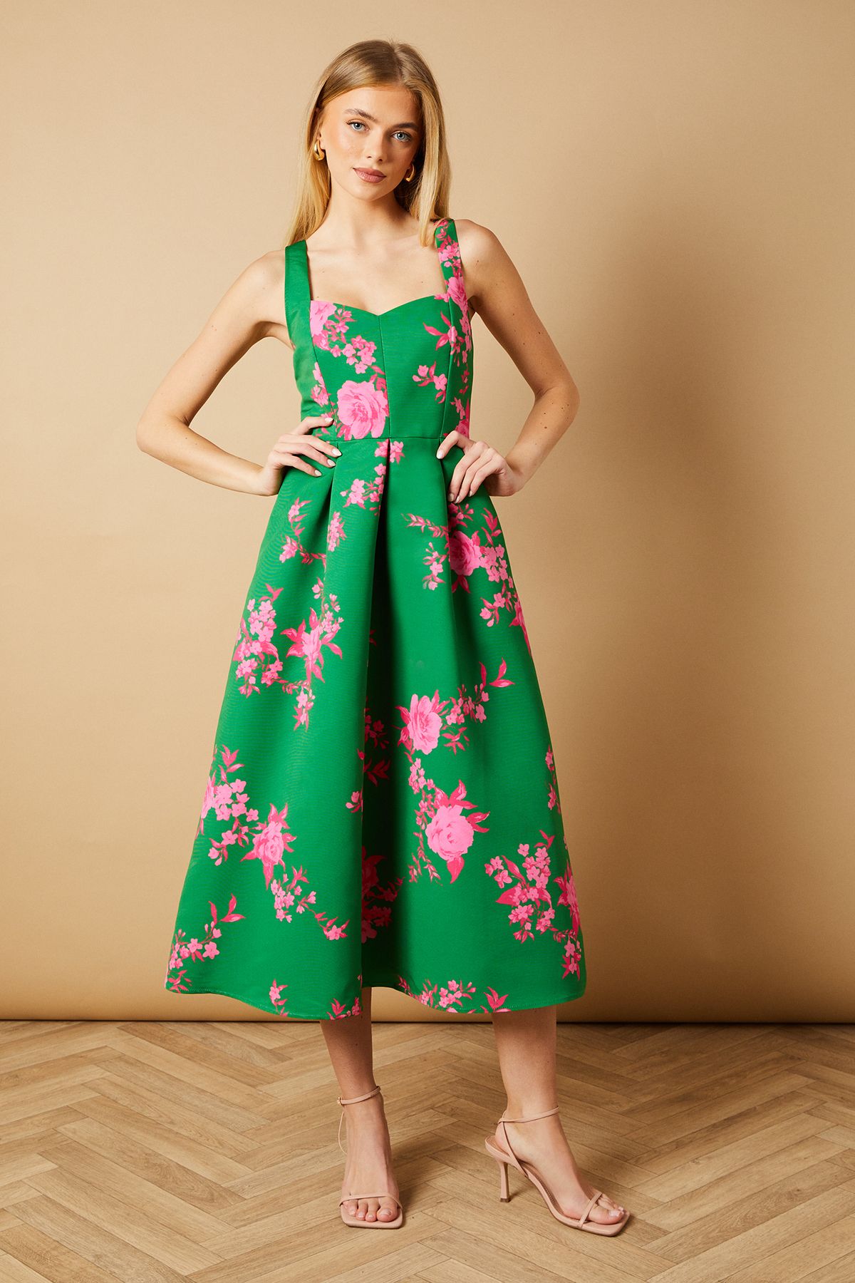 Oasis Occasion Floral Strappy Twill Midi Dress Green