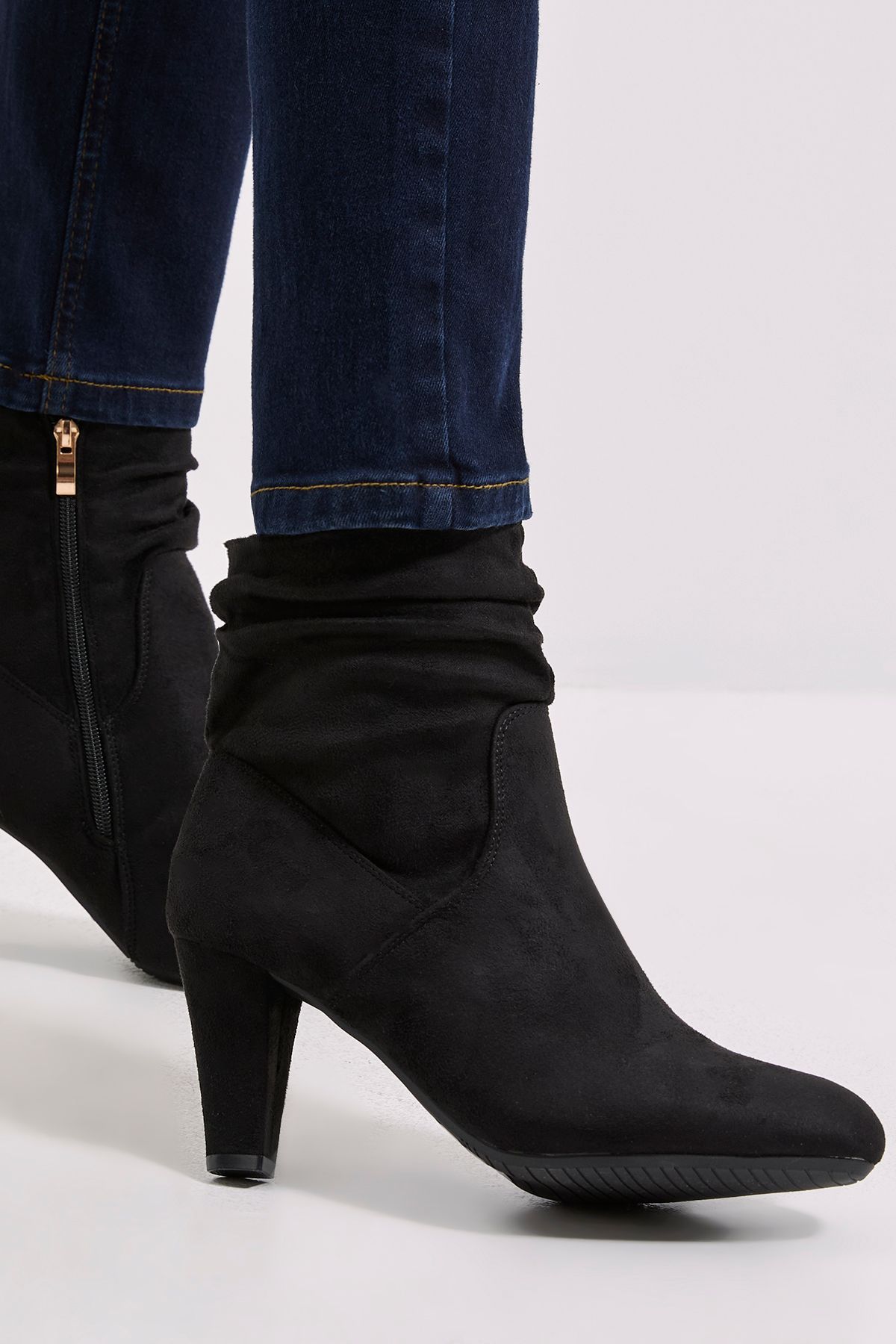 Dorothy Perkins Ally Faux Suede Ruched High Heeled Ankle Boots Natural Black image 3