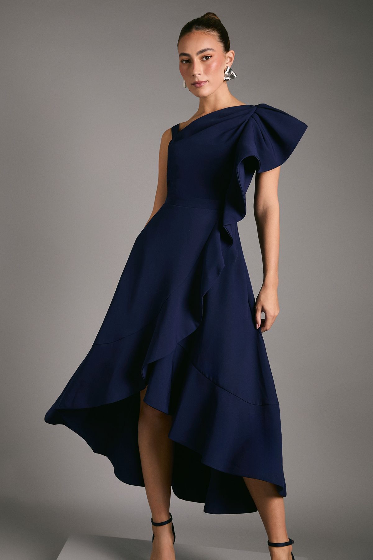Coast One Shoulder Crepe Ruffle Midi Dress Navy image 2