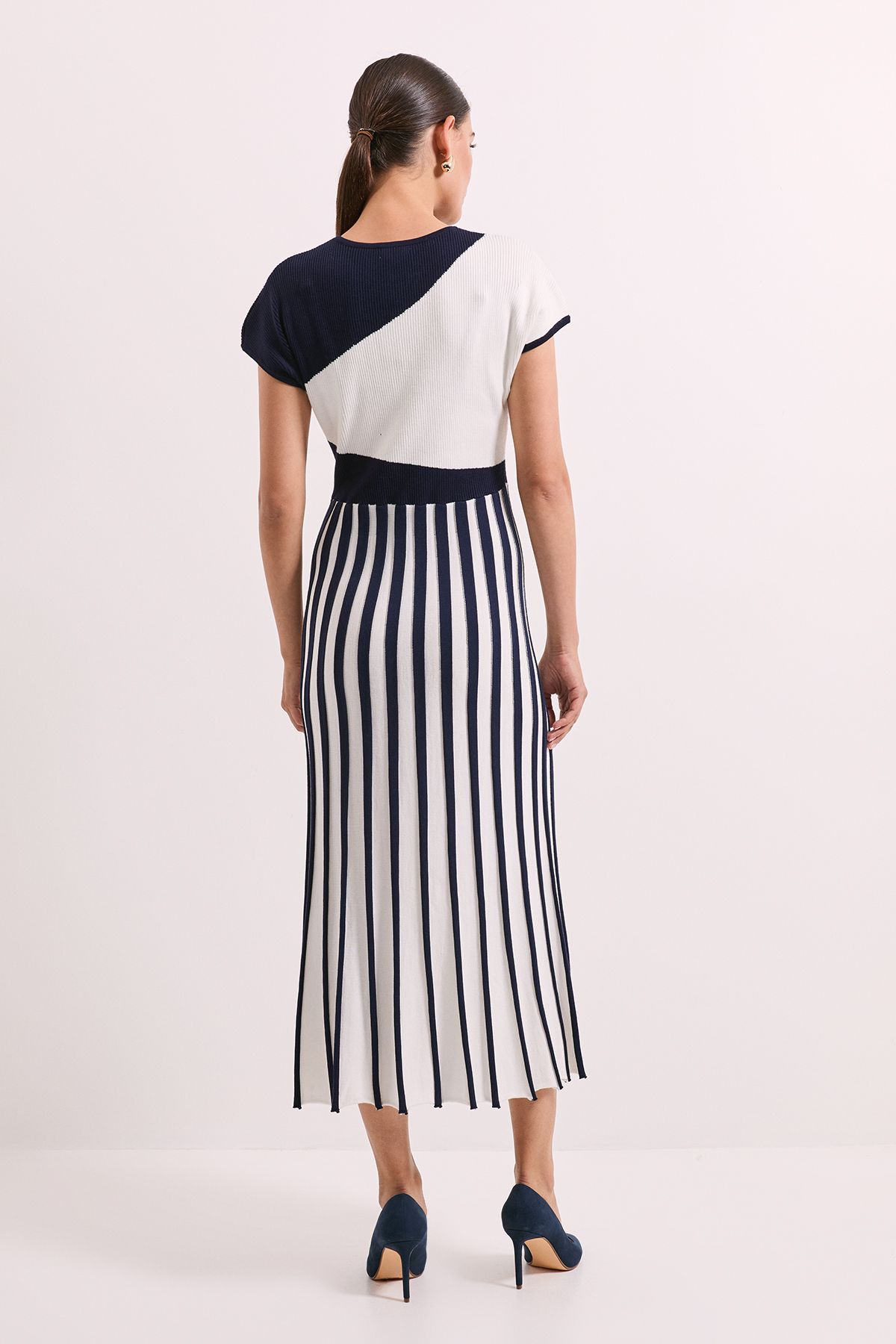 Principles Navy Colour Block Pleated Knitted Dress Navy image 4