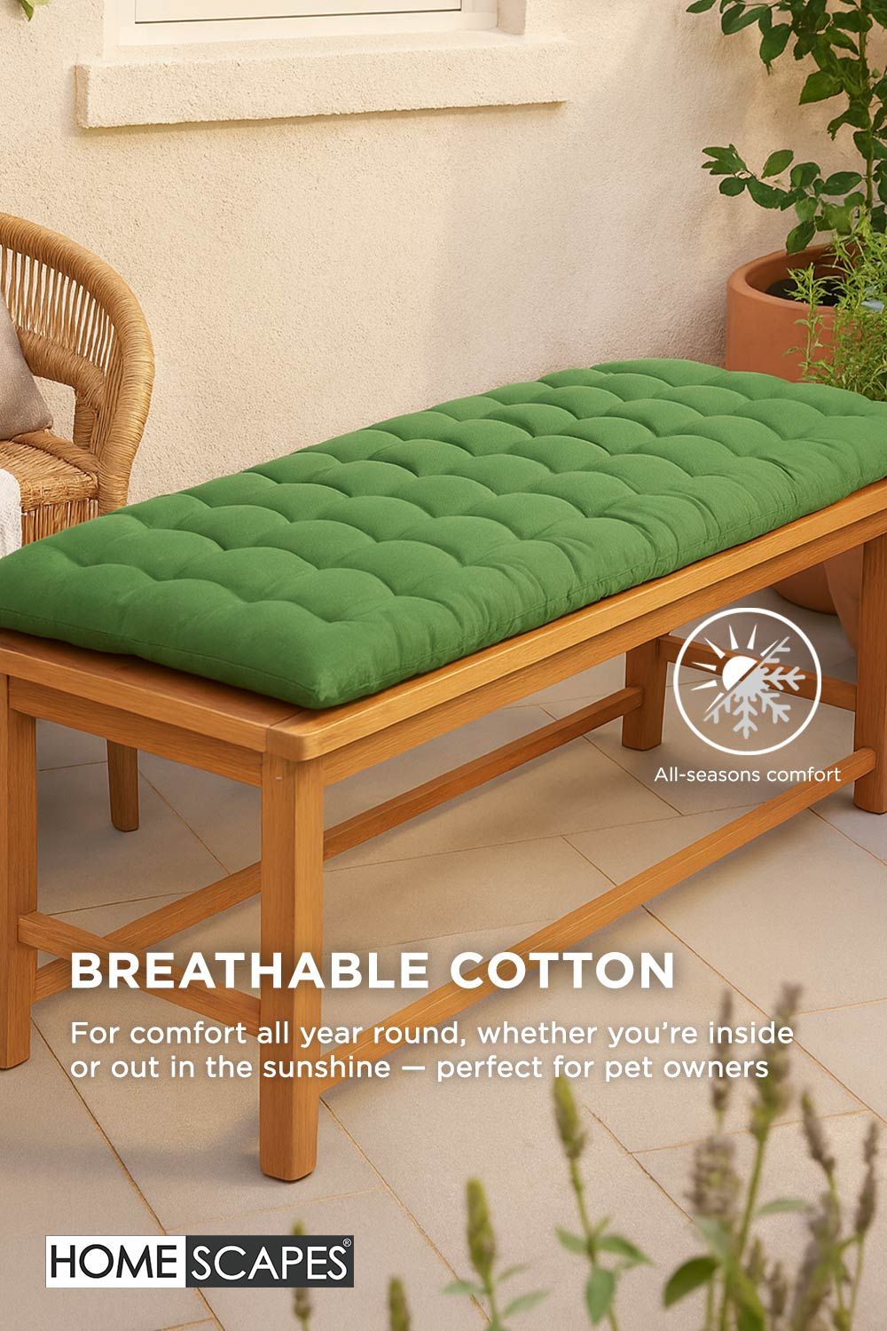 Homescapes Garden Bench Cushion Luxury 3 Seater Cotton Indoor Outdoor Pad, 143 x 48cm image 5