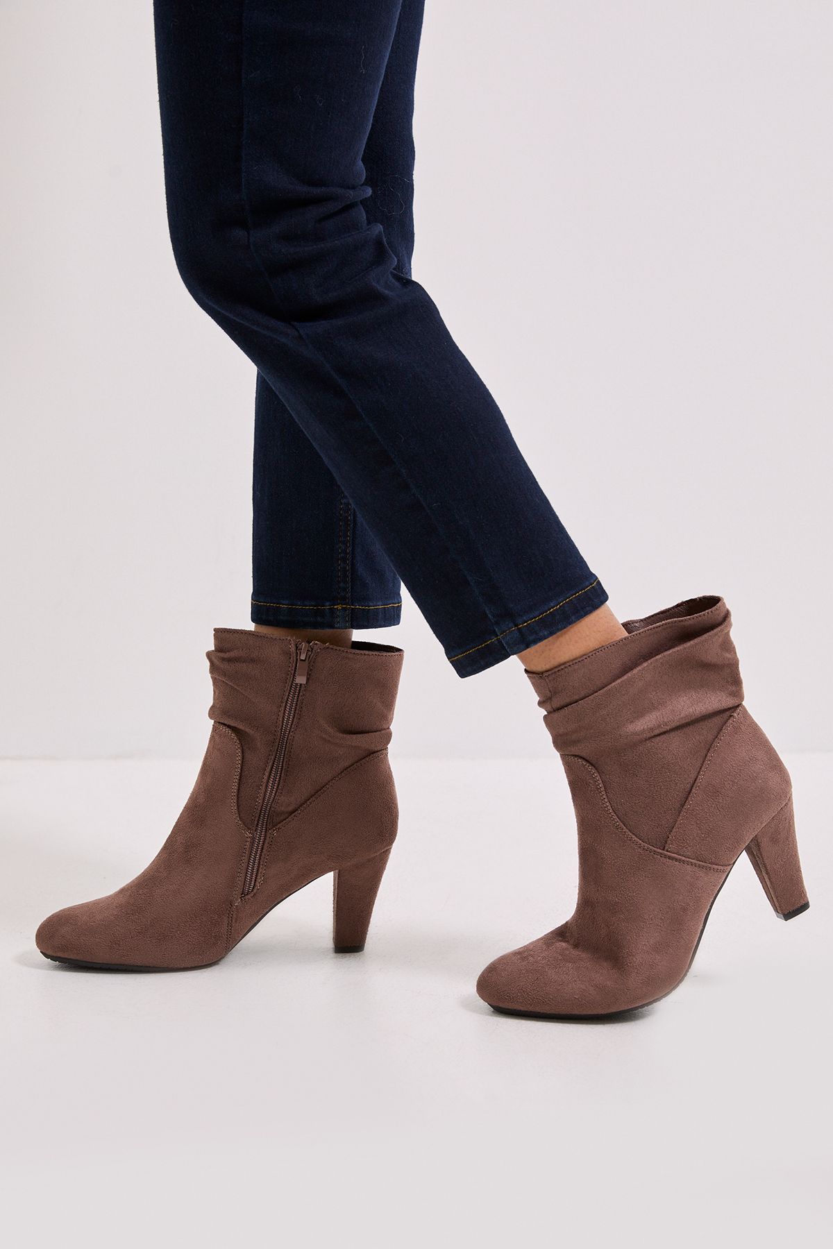 Dorothy Perkins Wide Fit Ally Faux Suede Ruched High Heeled Ankle Boots Taupe image 2