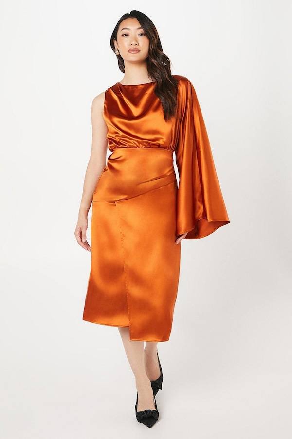 Coast Satin One Shoulder Midi Wedding Guest Dress Burnt Orange