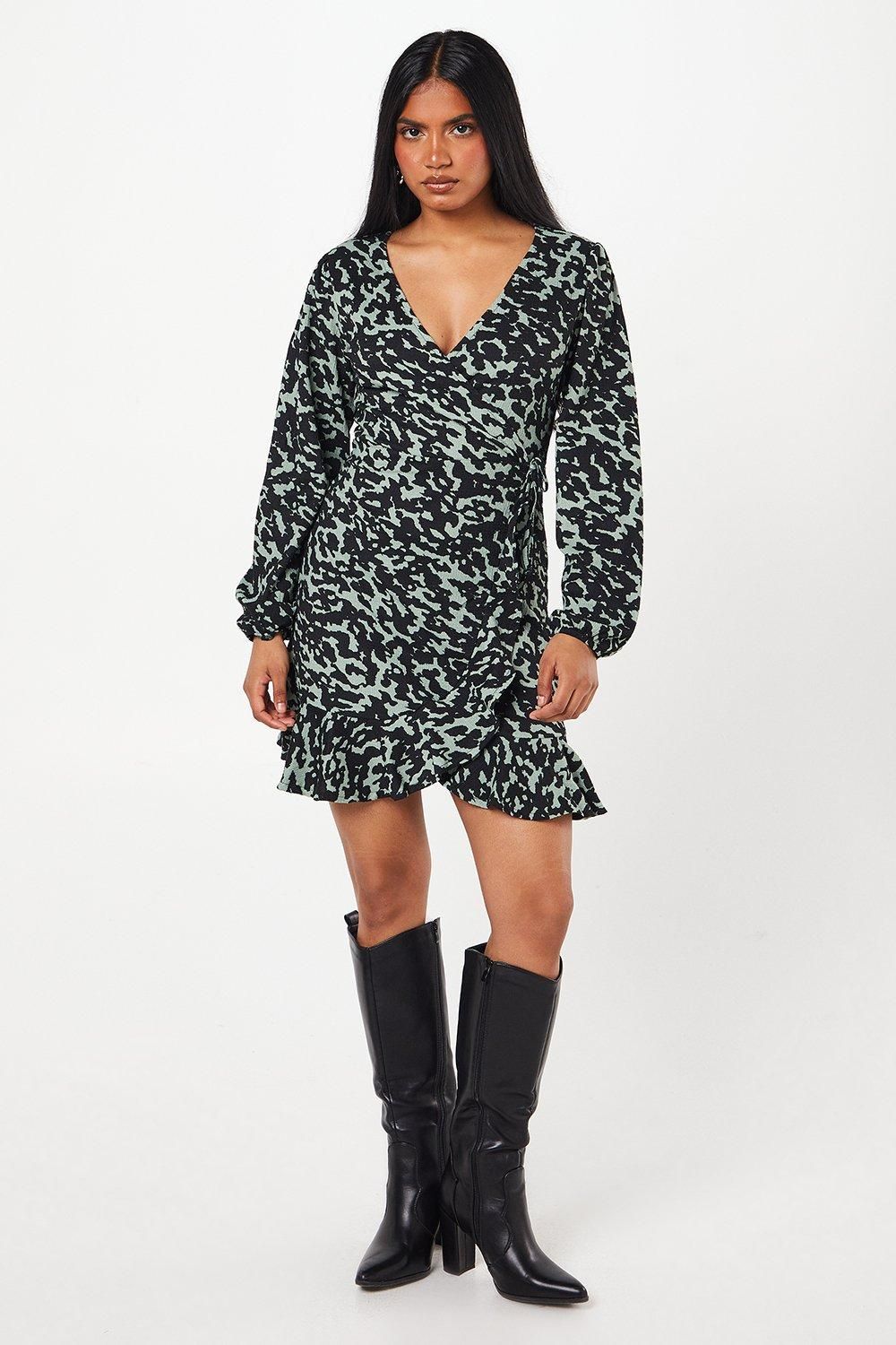 Dorothy Perkins Petite Khaki Animal Wrap Mini Dress Khaki image 4